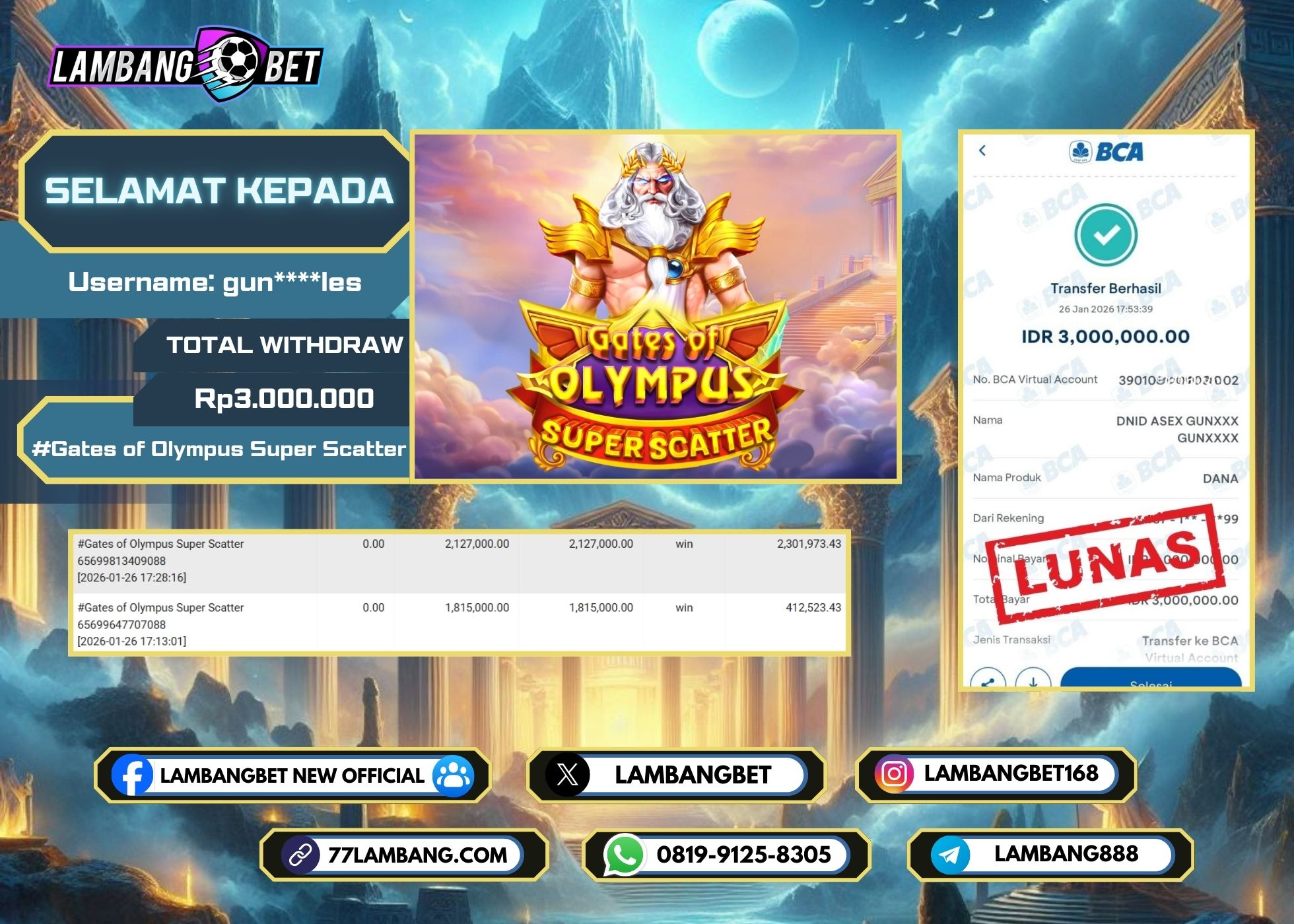 LAMBANGBET [26 JANUARI 2026] JACKPOT SLOT Gates of Olympus Super Scatter "Rp3.000.000" LUNAS